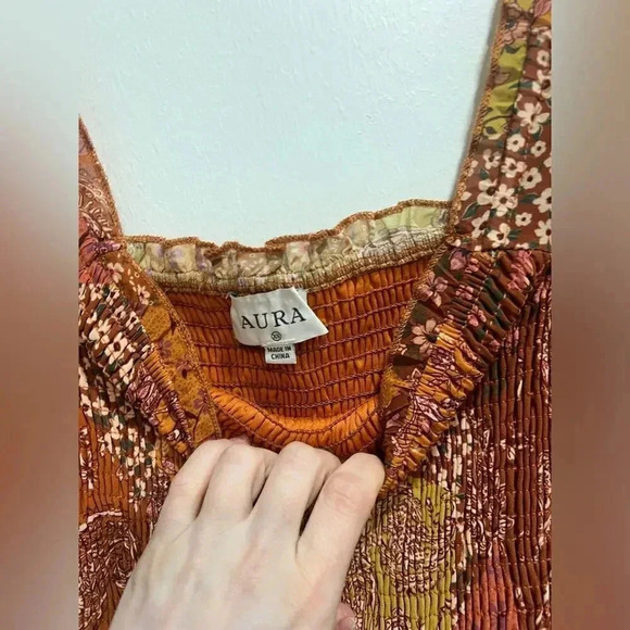 AURA maxi dress patchwork boho rust long sleeves smocked paisley stretchy - Picture 5 of 7